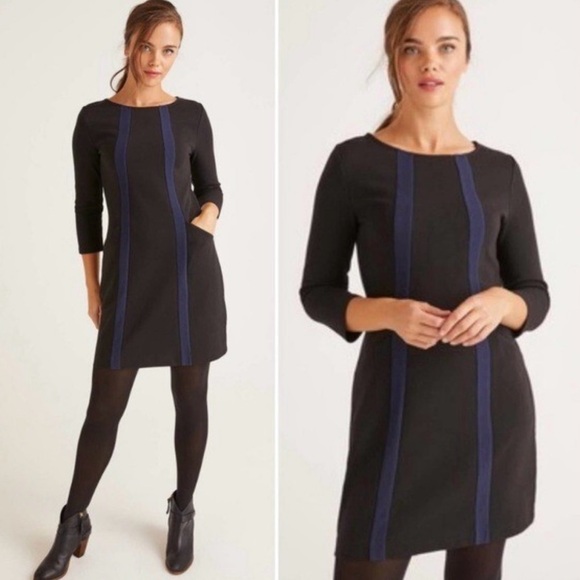 Boden Ottoman Dress Size 12 Black Blue Striped Mini Shift 3/4 Sleeve Ribbed Knit - Picture 2 of 9